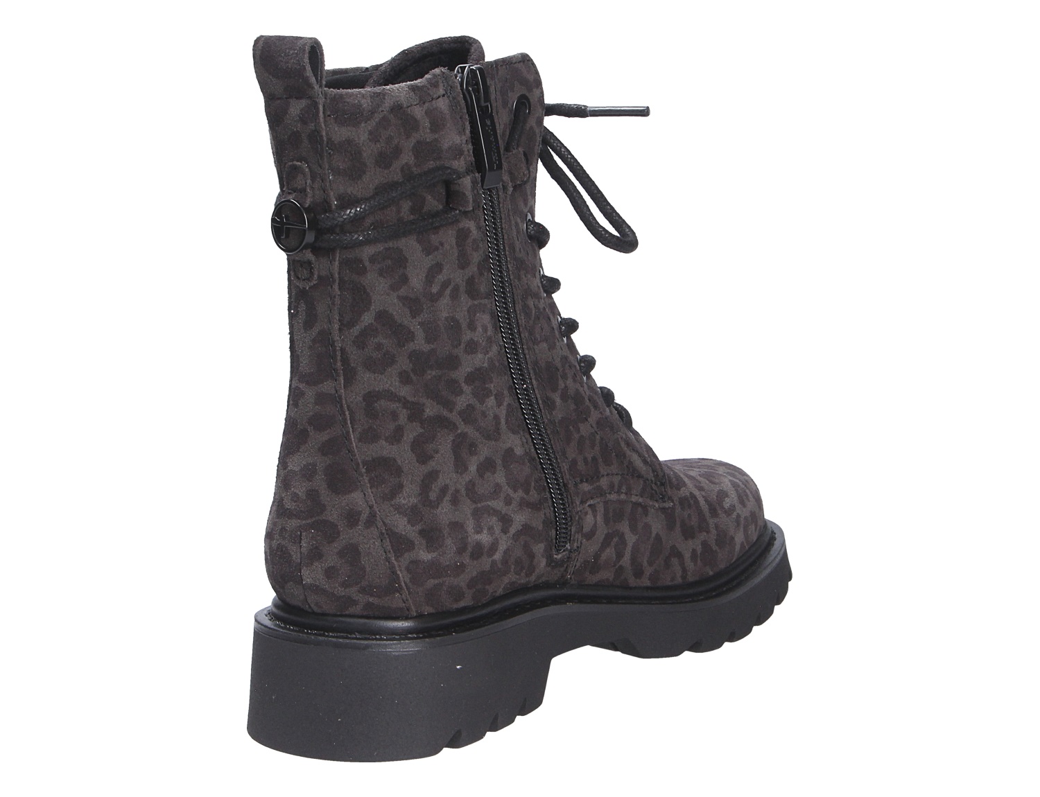 Tamaris Damen Stiefel in Dunkelgrau mit dezentem Leo-Muster, Schnürung, seitlichem Reißverschluss und profilierter Sohle in seitlicher Ansicht