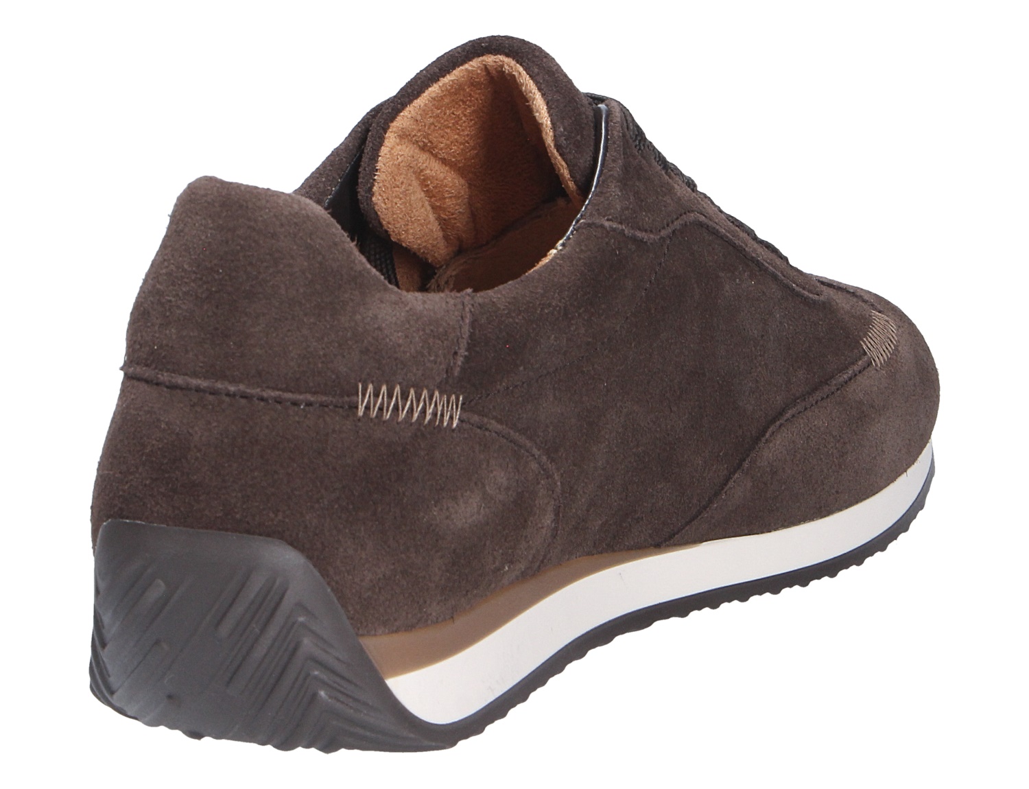 Gabor Damen Sneaker aus braunem Veloursleder mit weißer Sohle in Rück- und Seitenansicht