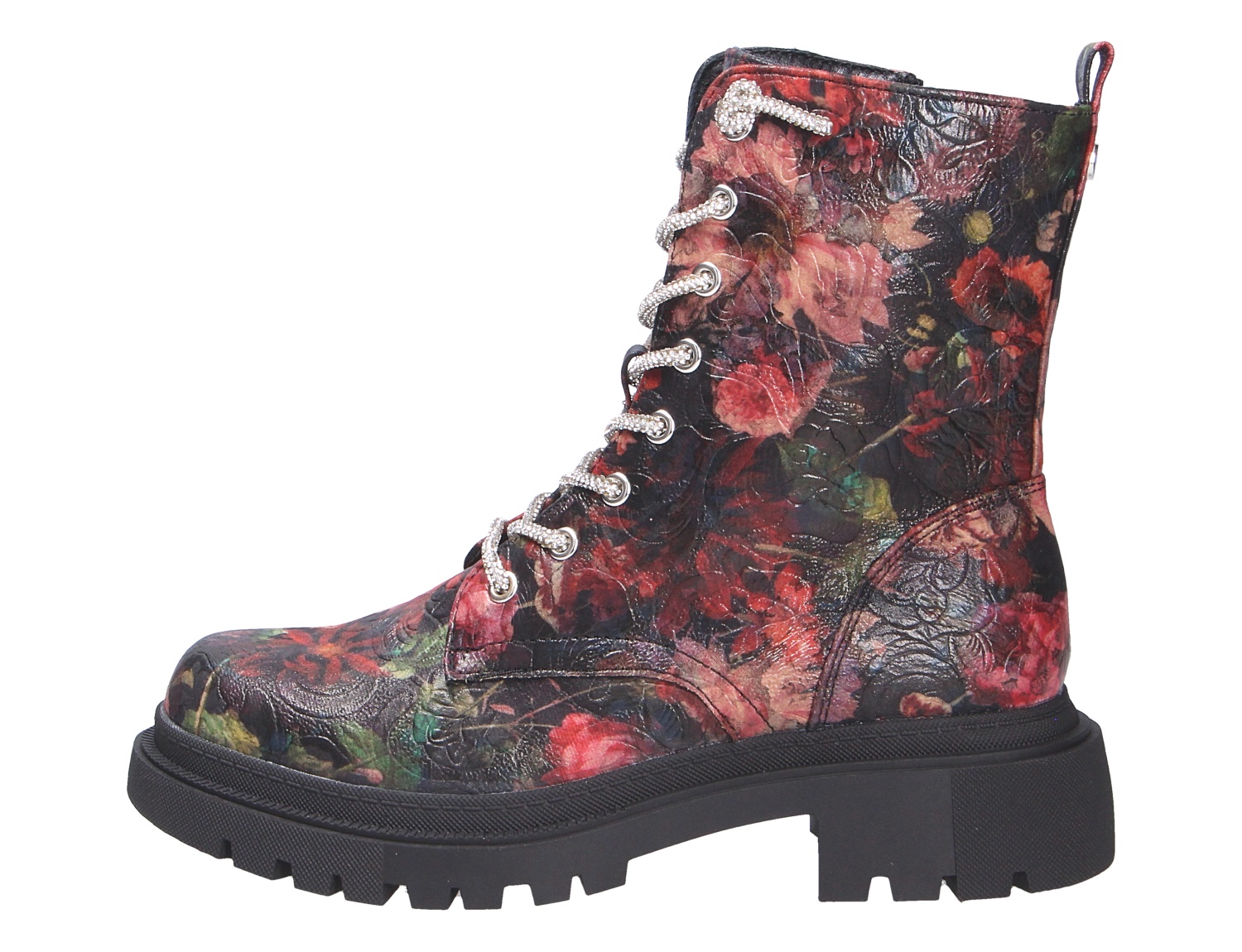La Strada Damen Stiefel mit floralem Muster in Rot-Schwarz, seitliche Ansicht, Schnürung und robuster Profilsohle