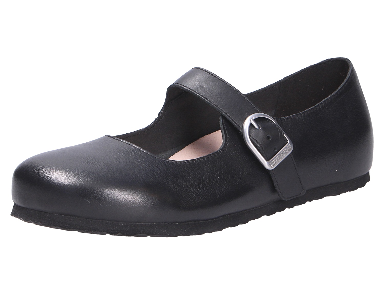 Birkenstock Santa Clarita in Schwarz, eleganter Mary-Jane-Schuh aus Leder mit verstellbarem Riemen und Schnalle, seitliche Ansicht