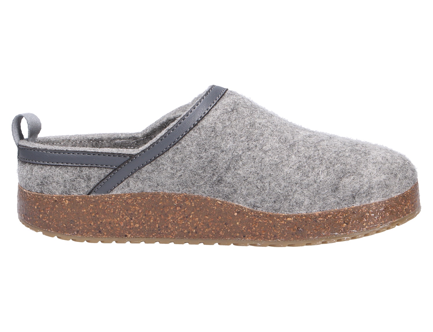 Giesswein WOOL CLOG Hausschuh aus grauer Wolle mit ergonomischer Korksohle in der Seitenansicht