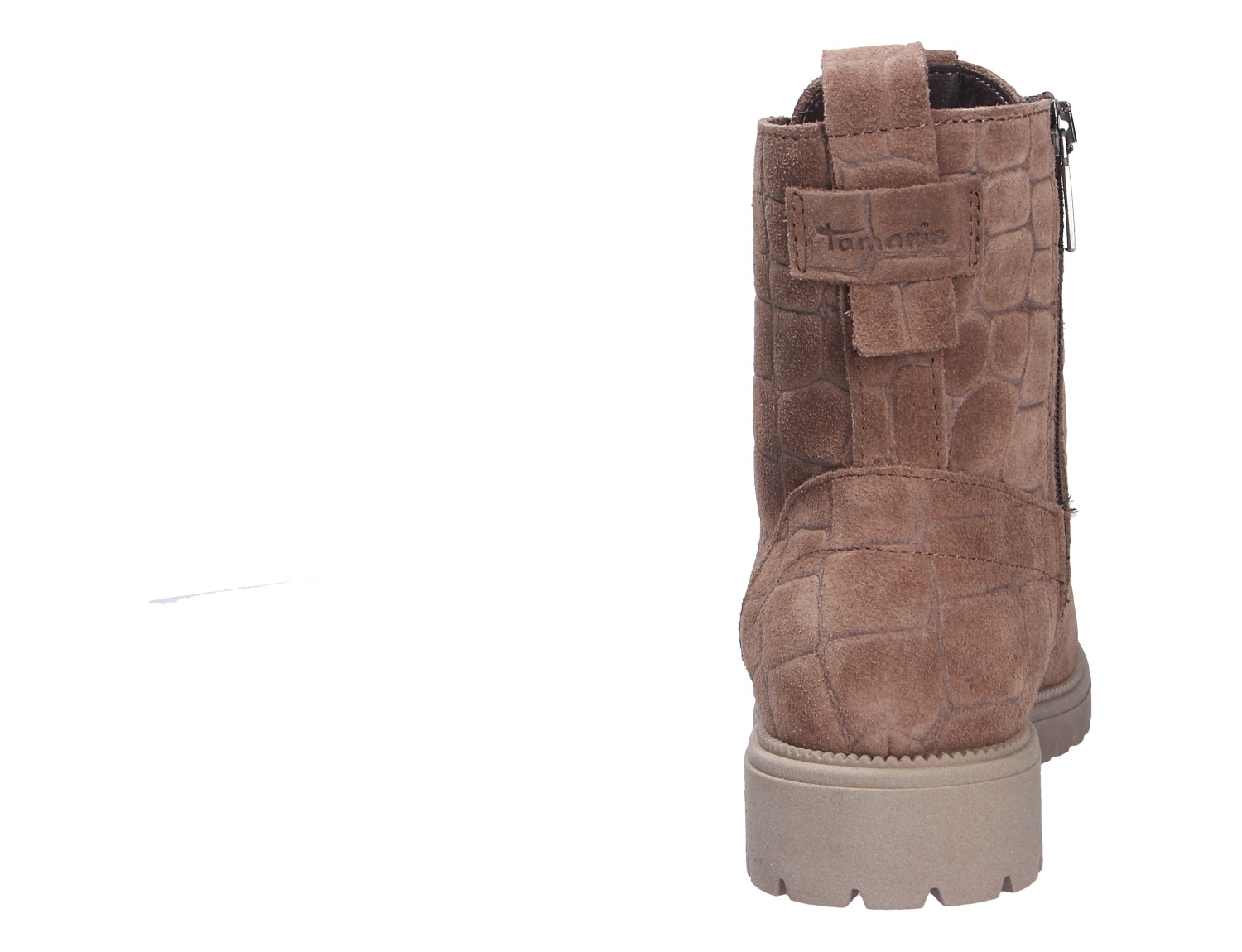 Frontansicht der braunen Tamaris Damen Stiefel aus Veloursleder mit Kroko-Prägung, Profilsohle und seitlichem Reißverschluss