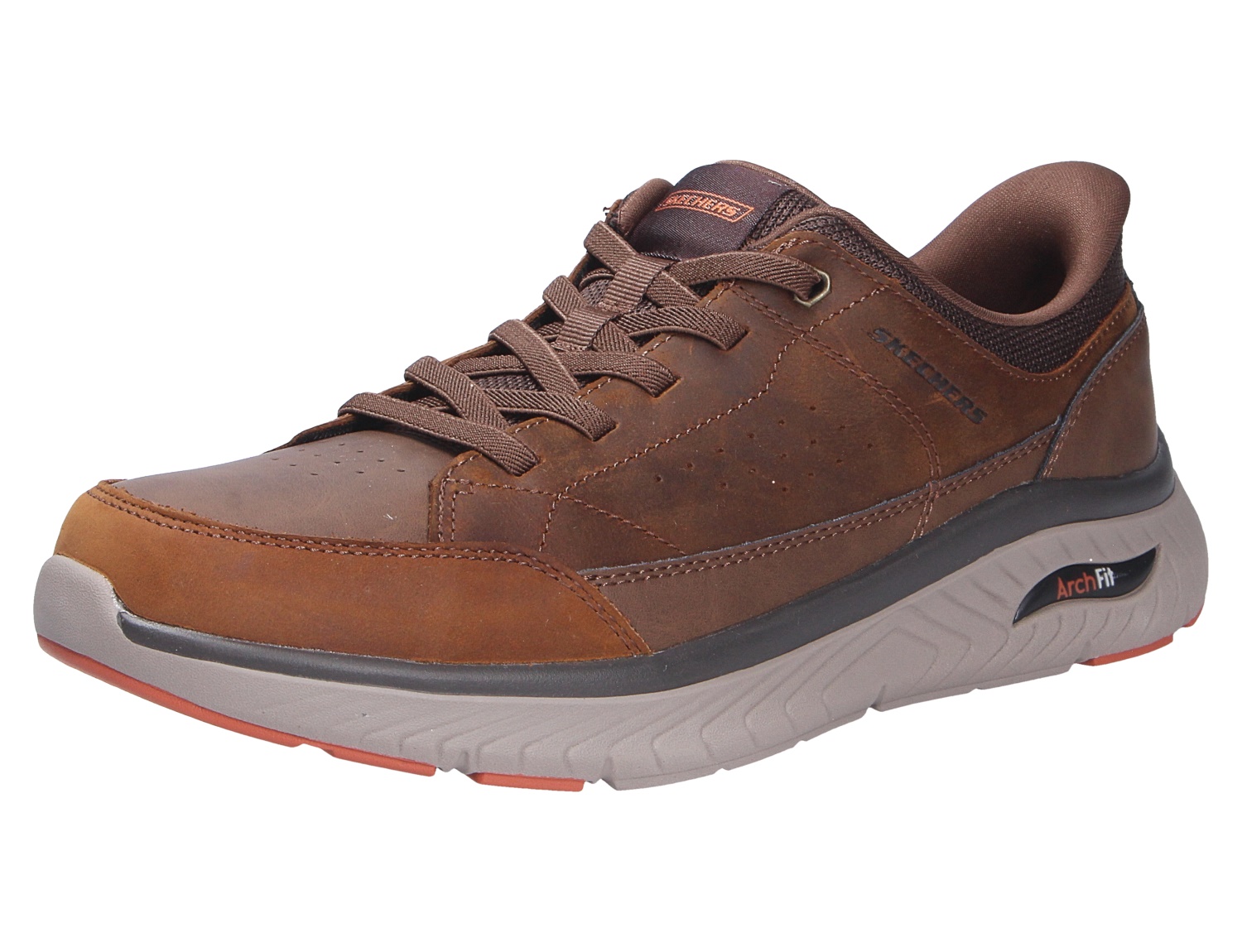 Brauner Skechers Arch Fit Sneaker aus Lederoptik mit Schnürung und ergonomischer Komfortsohle in seitlicher Ansicht