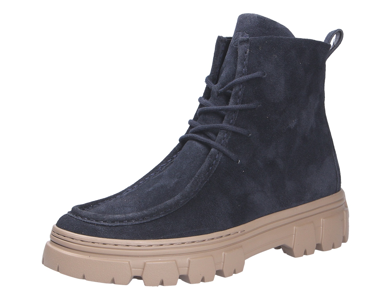 Paul Green Damen Schnürschuhe, dunkelblaue Veloursleder-Boots mit Schnürung und beige Profilsohle
