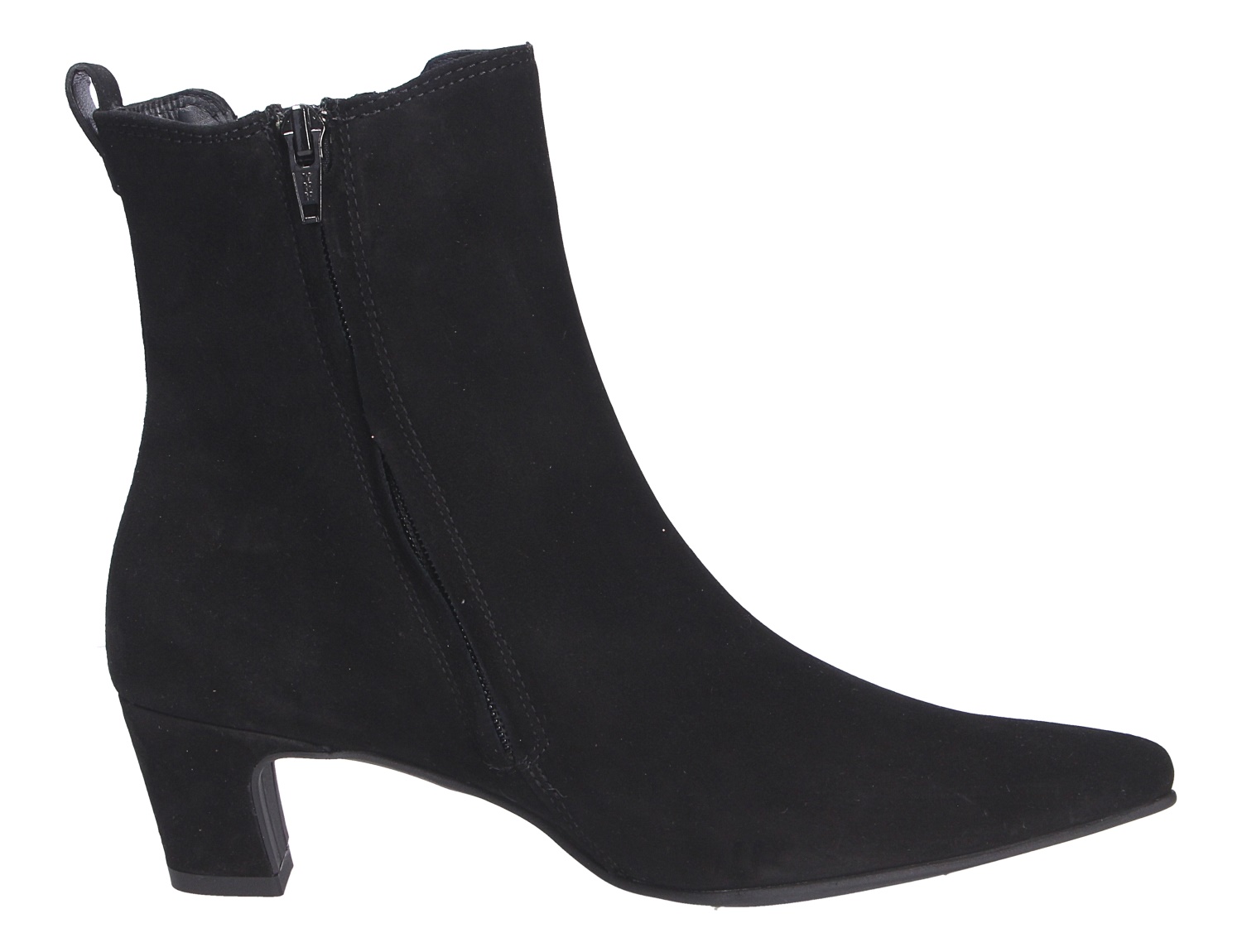 Paul Green Damen Stiefel, schwarze Stiefelette aus Veloursleder mit seitlichem Reißverschluss, spitzer Form und mittelhohem Blockabsatz
