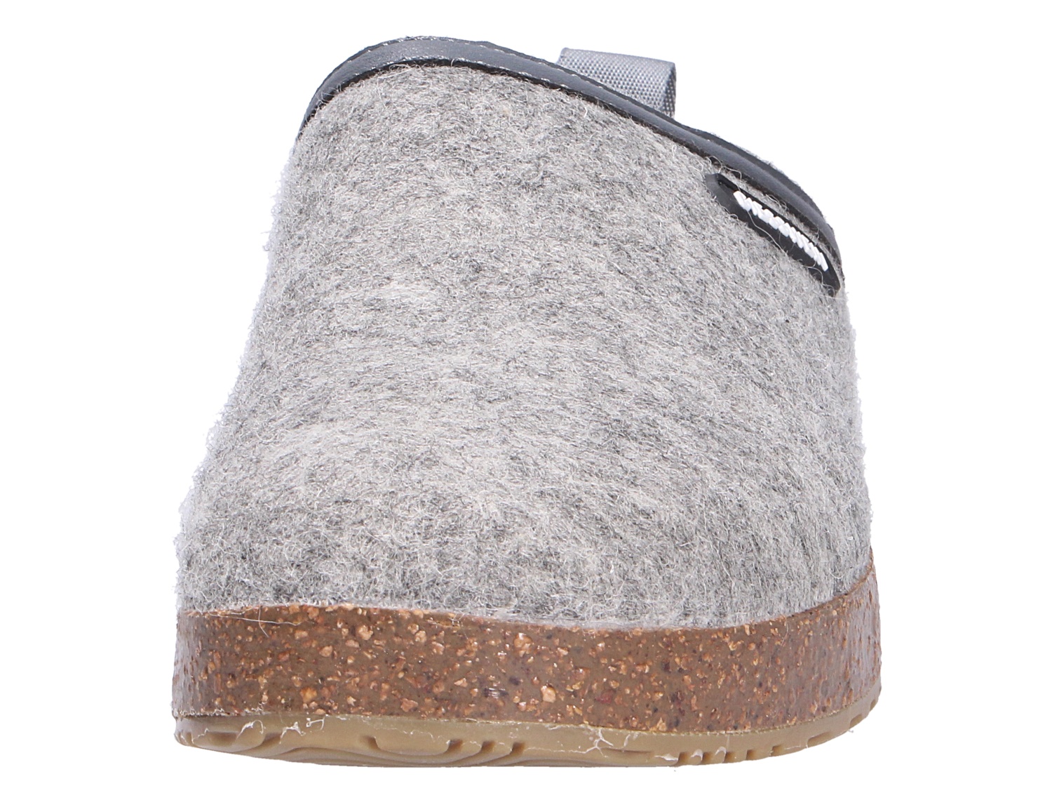 Rückansicht des grauen Giesswein WOOL CLOG Hausschuhs aus Wolle mit Korksohle