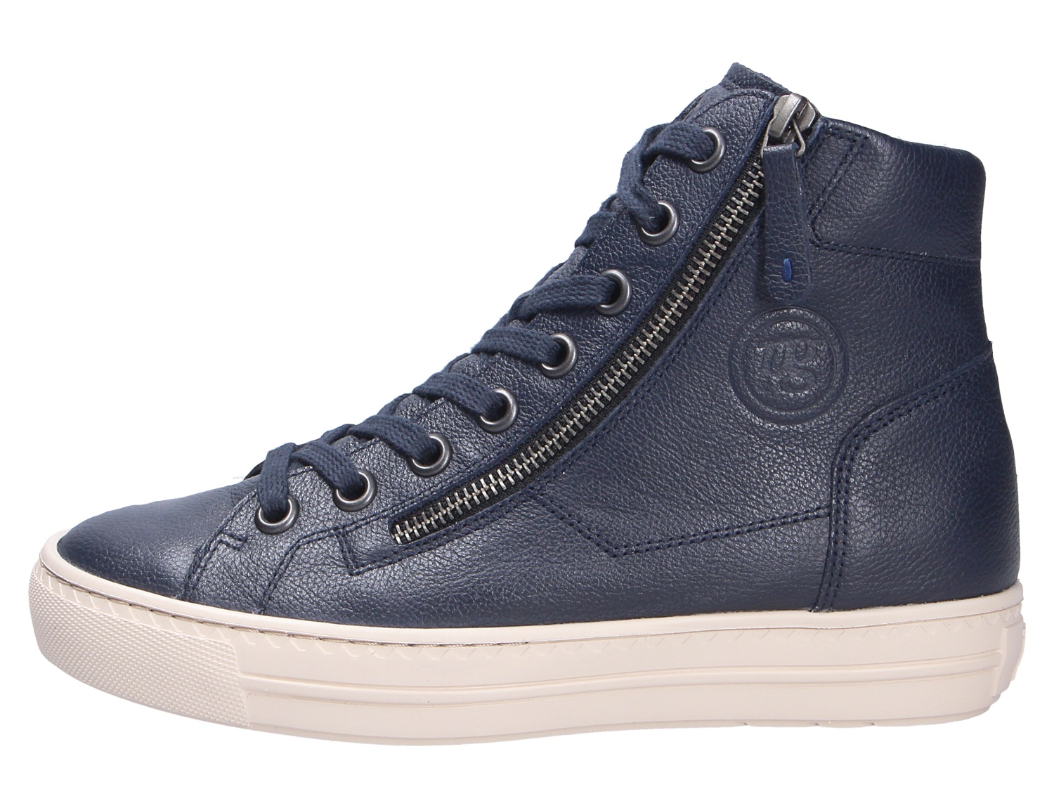 Paul Green Damen Sneaker aus dunkelblauem Leder, hoher Freizeitschuh mit Schnürung, seitlichem Reißverschluss und weißer Plateausohle