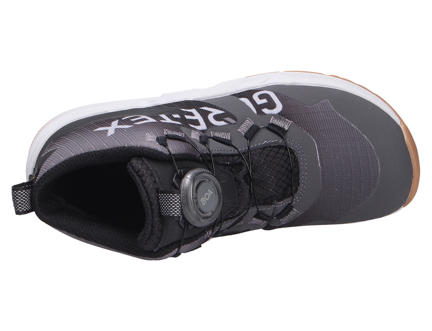 Draufsicht auf den Superfit AGOS Sneaker in Schwarz/Grau mit BOA-Drehverschluss und weißer Sohle