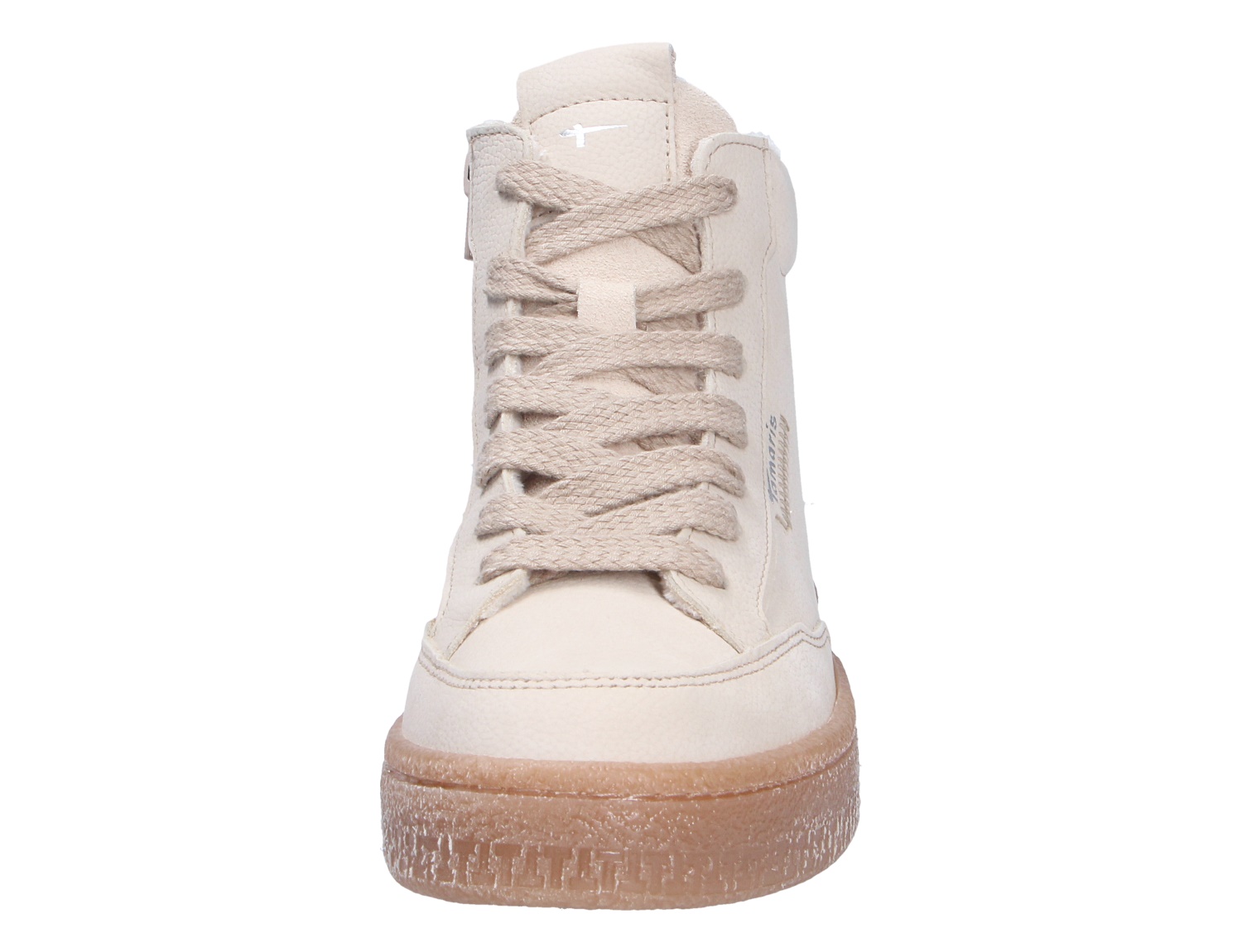 Frontansicht des Tamaris Damen Sneakers in Creme mit Schnürung, hohem Schaft und heller Plateausohle
