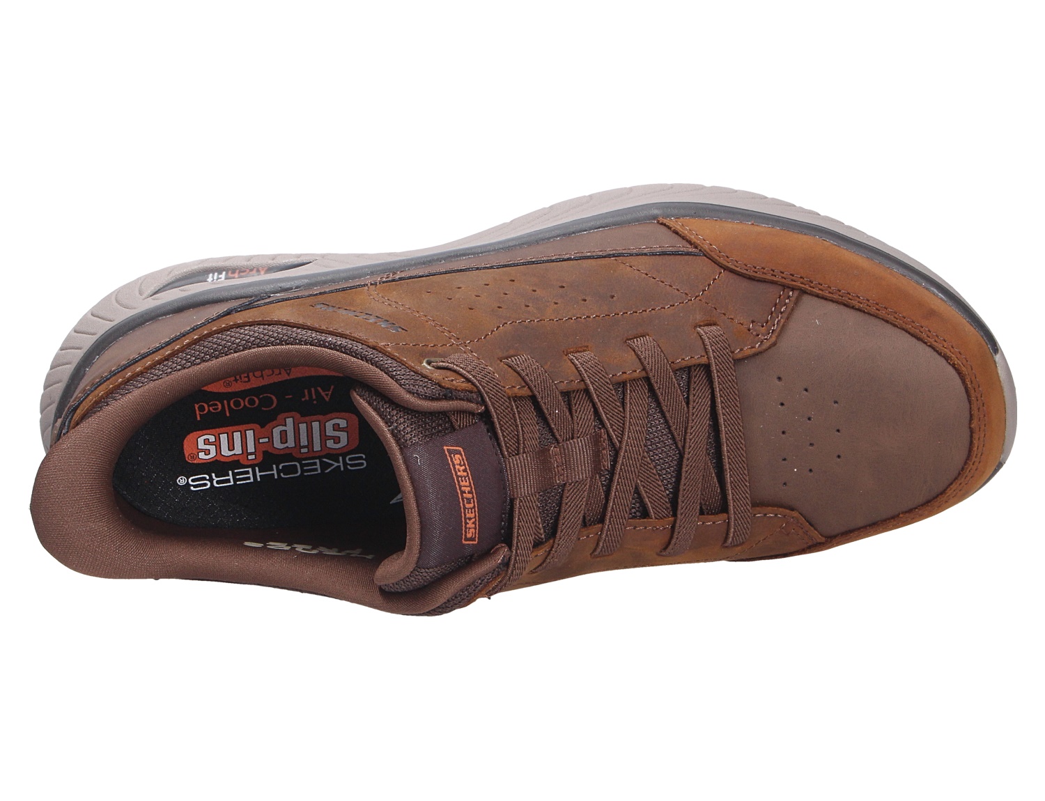 Draufsicht auf den braunen Skechers Arch Fit Sneaker aus Leder mit Schnürung und gepolsterter Air-Cooled Innensohle