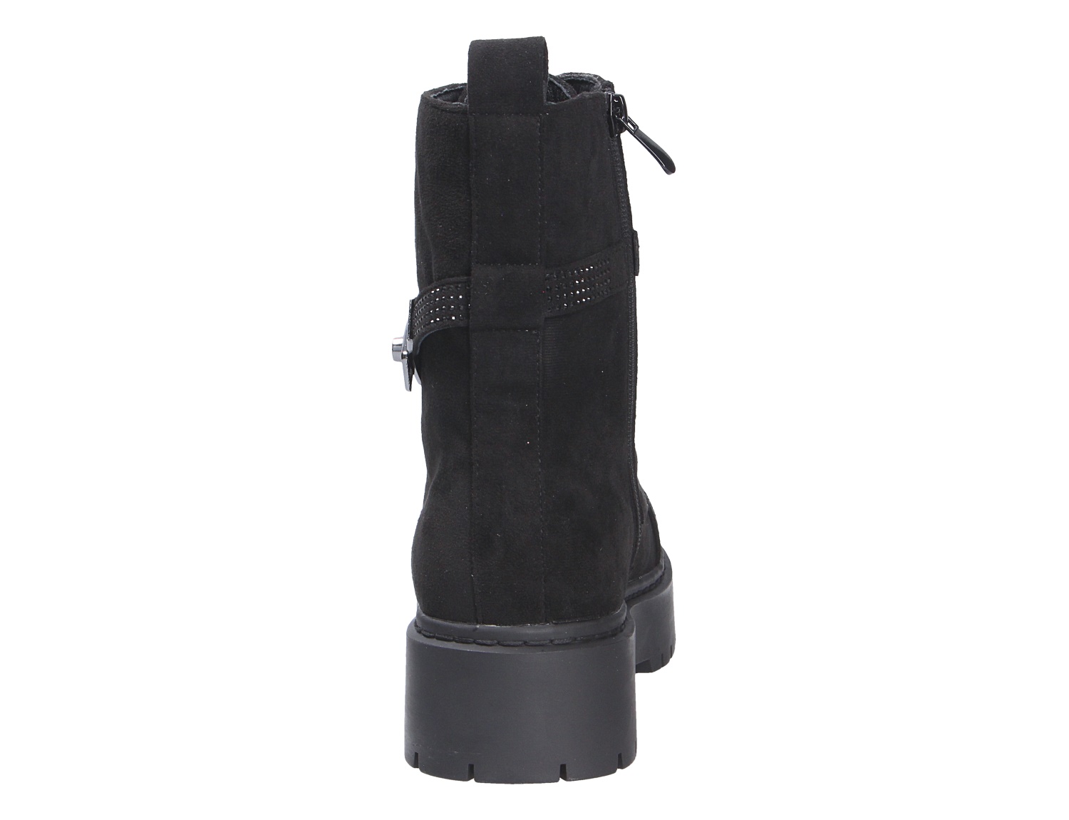 Rückansicht der schwarzen La Strada Damen Stiefel mit Reißverschluss, Zierschnalle und robuster Profilsohle