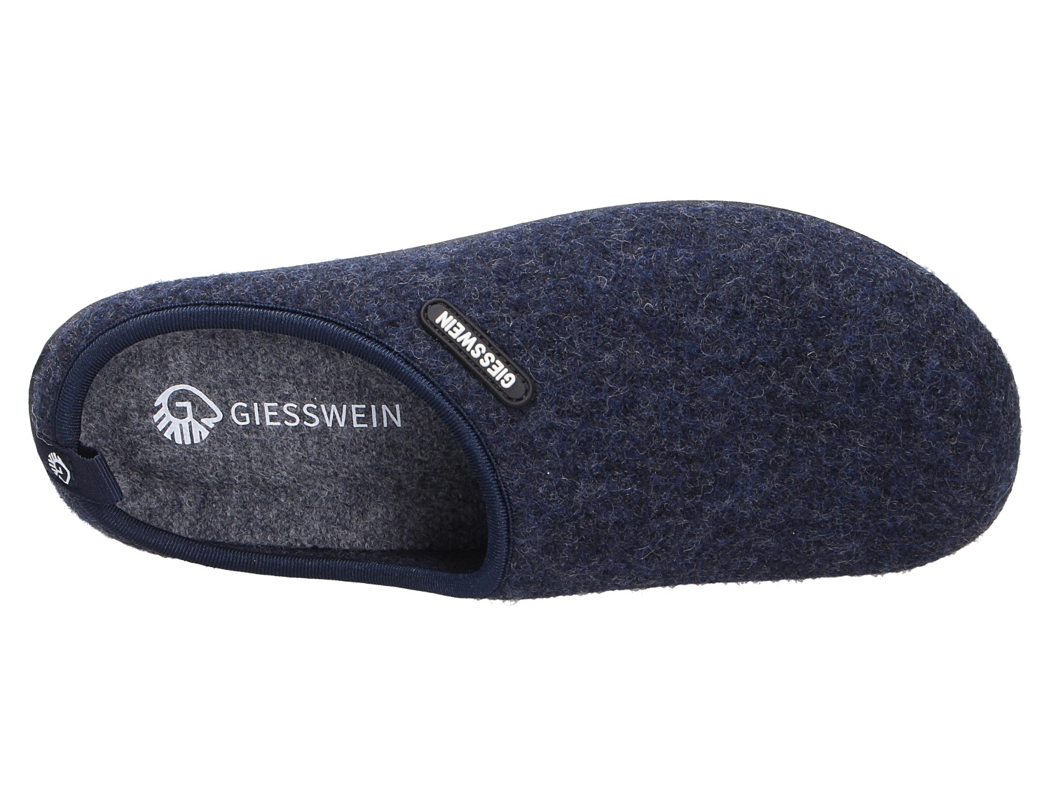 Giesswein Volders Hausschuh aus dunkelblauer Wollfilz-Optik in Draufsicht, bequemer Slipper für Damen und Herren