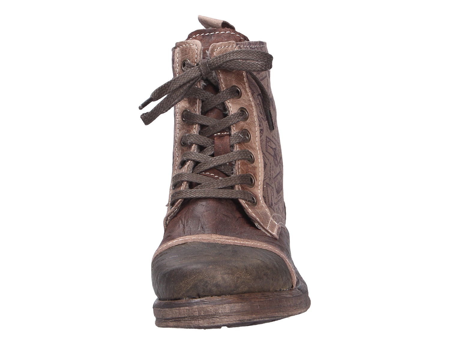 Frontansicht der braunen Charme Etnic 9 Schnürstiefelette mit robuster Kappe, Schnürung und markantem Vintage-Look