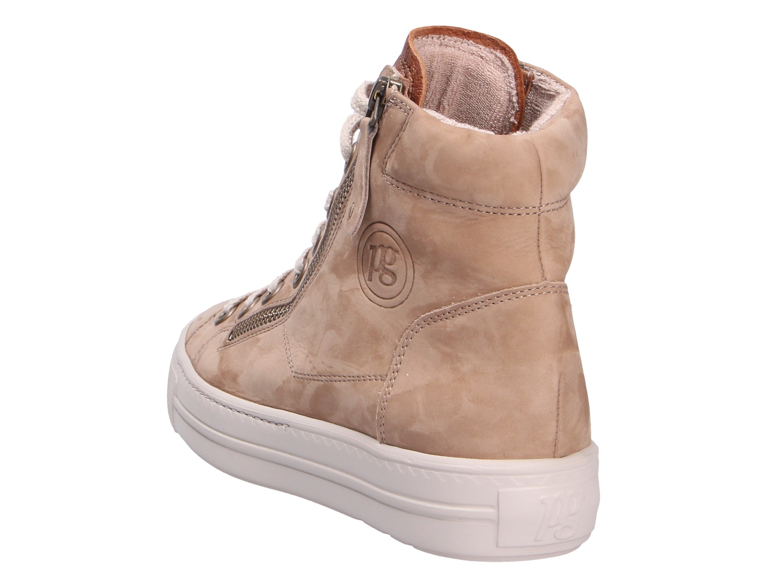 Rückansicht eines beigen Paul Green Damen Sneakers aus weichem Nubukleder, High-Top mit seitlichem Reißverschluss und weißer Sohle