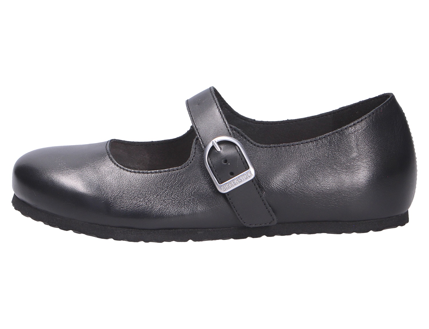 Birkenstock Santa Clarita Mary Jane Schuh aus schwarzem Leder mit verstellbarem Riemen und flacher Sohle, Seitenansicht