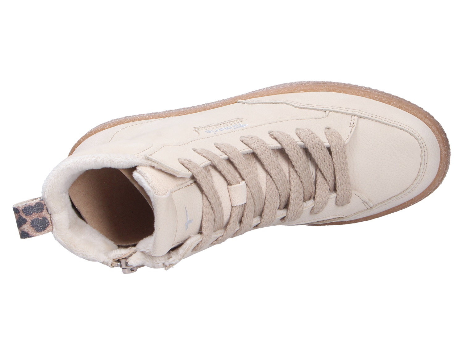 Tamaris Damen Sneaker in Cremeweiß aus der Draufsicht mit Schnürung, hohem Schaft, Reißverschluss hinten und strukturierter Sohle