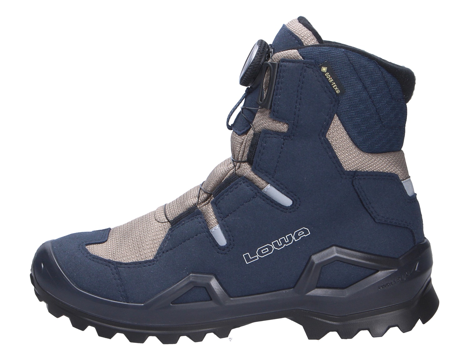 Seitliche Ansicht des Lowa MILO EVO GTX HI BOA JR Kinder-Winterstiefels in navy/beige mit BOA-Verschluss, hohem Schaft und GORE-TEX.