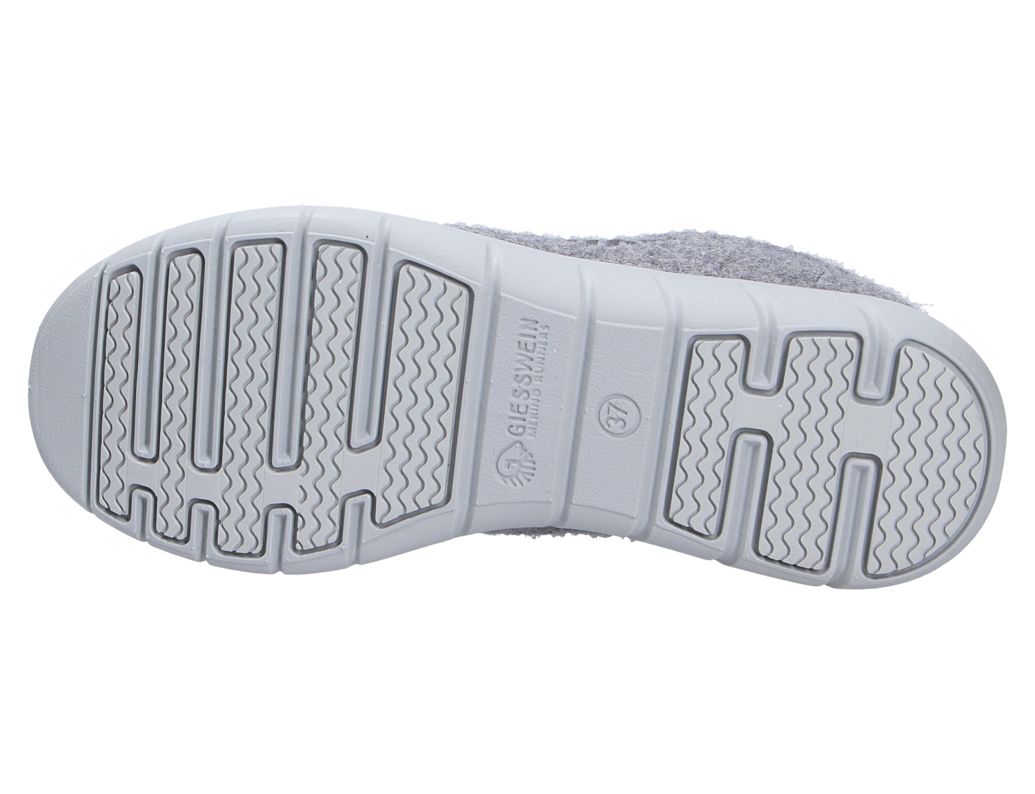 Unteransicht der grauen Laufsohle des Giesswein MERINO RUNNERS WOMEN mit rutschhemmendem Profil