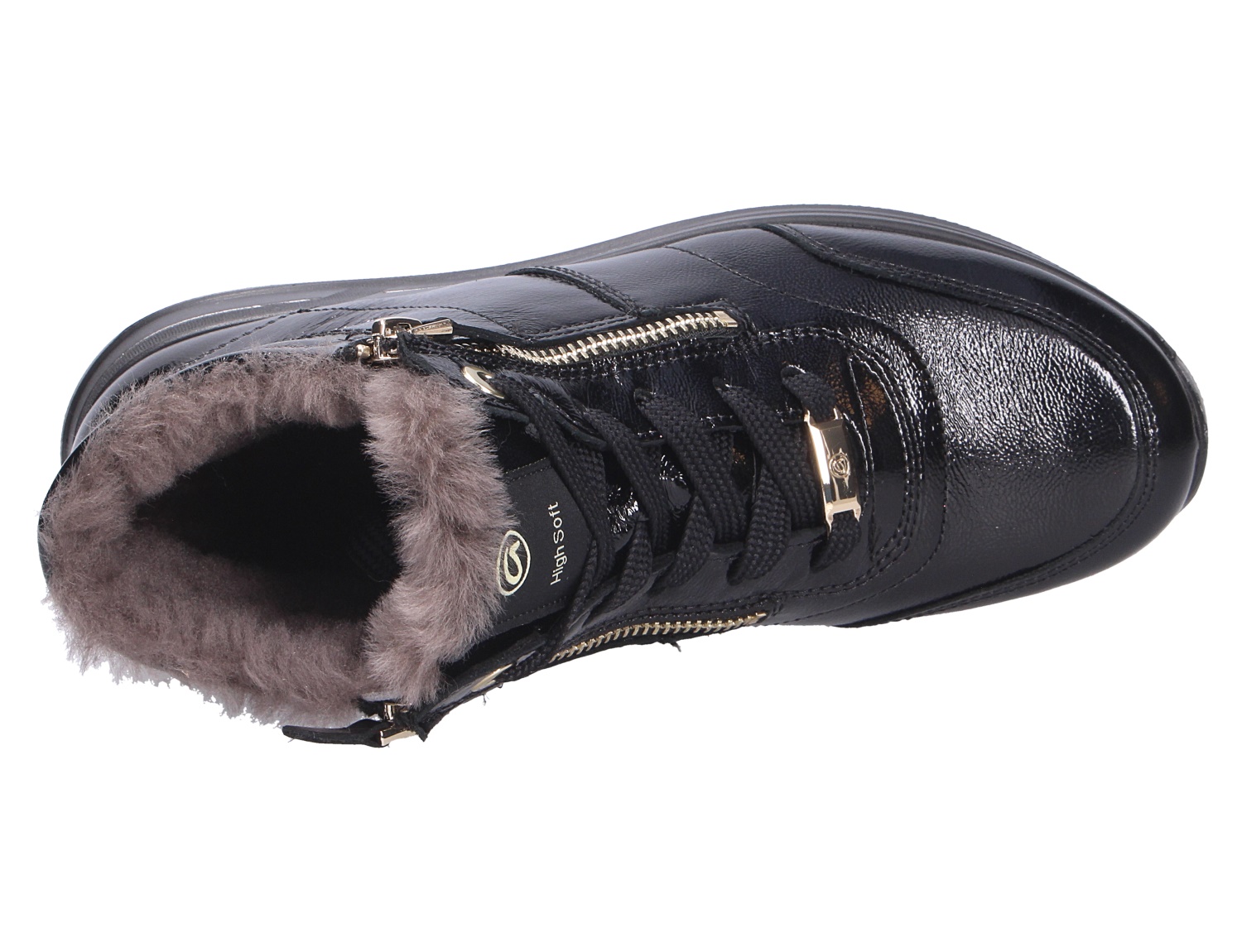 Draufsicht der schwarzen Ara OSAKA Damen-Stiefelette mit Schnürung, seitlichem Reißverschluss und kuscheligem Warmfutter