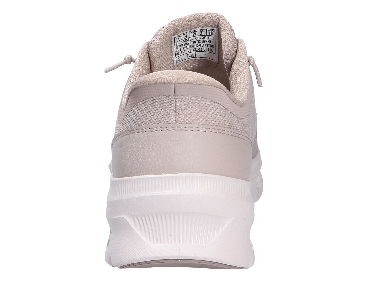Rückansicht des Skechers Glide Step Pro Sneakers in Beige mit gepolstertem Schaft, Mesh-Obermaterial und markanter weißer Laufsohle
