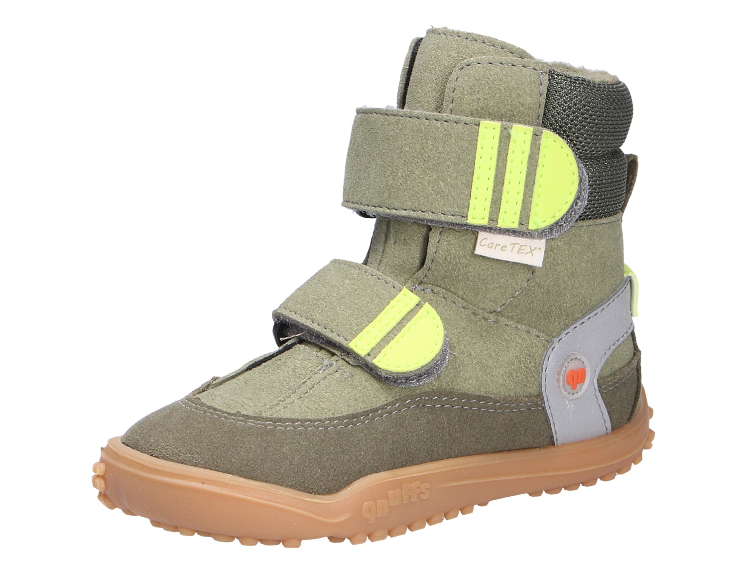 Ricosta Jungen Stiefel in Oliv, warmer Kinderstiefel mit Klettverschluss, CareTex und neongelben Akzenten