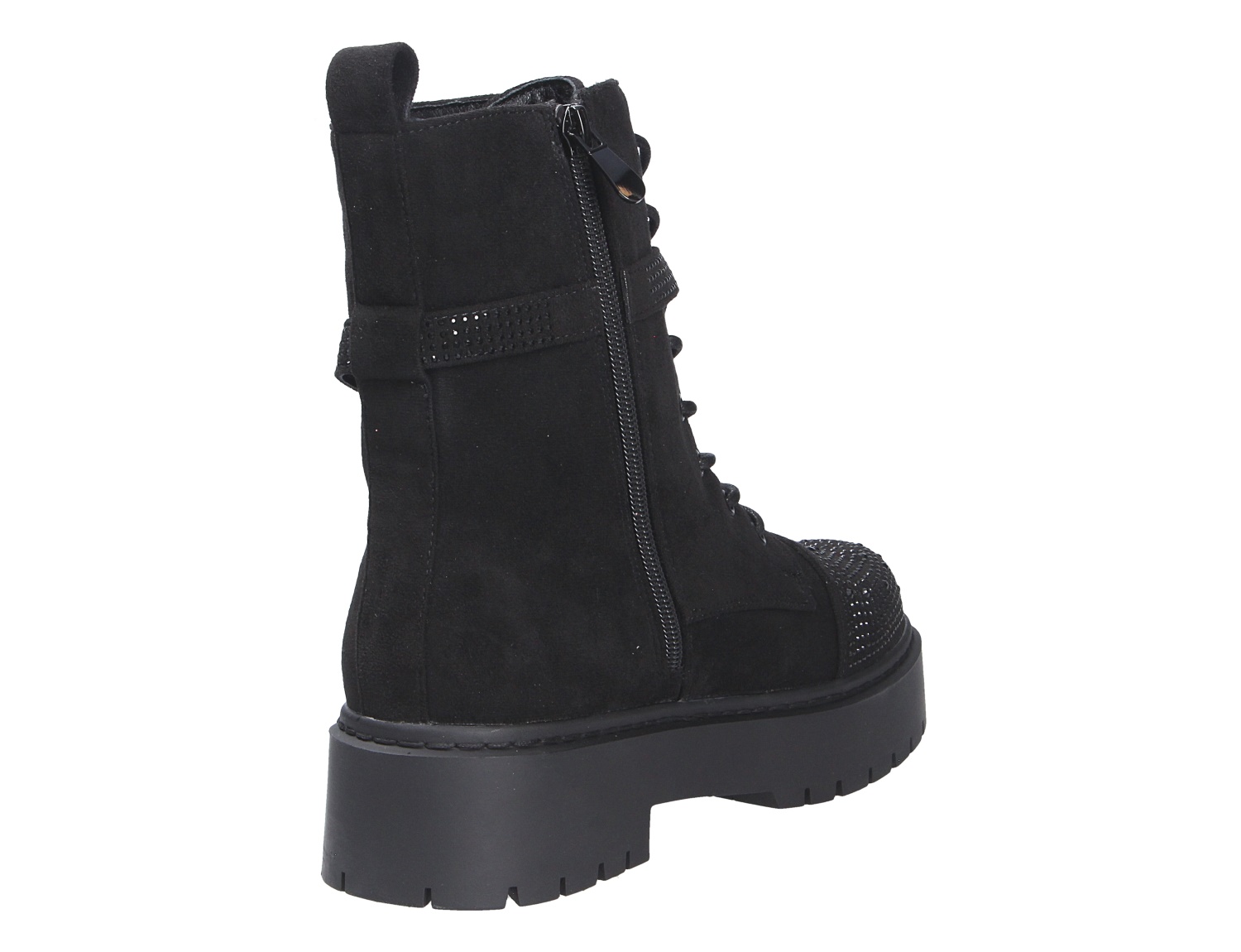 La Strada Damen Stiefel in Schwarz aus Veloursoptik, Seitenansicht mit Reißverschluss, Schnürung, Ziersteinen und markanter Profilsohle