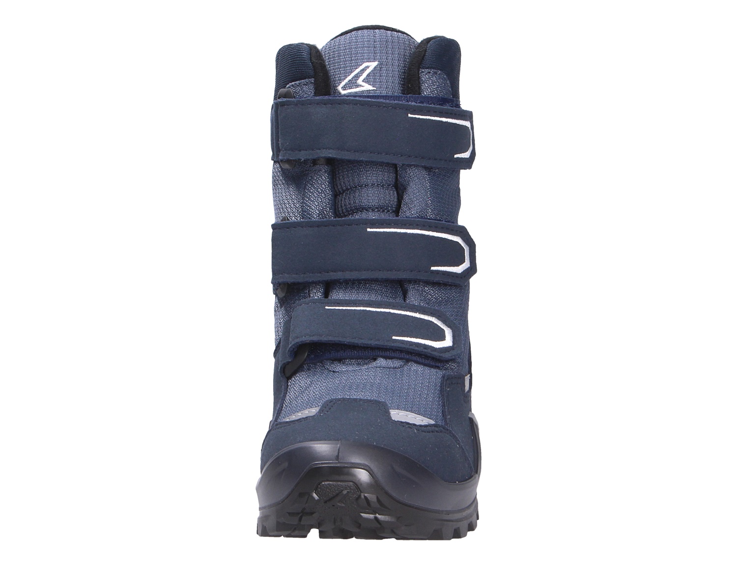 Frontansicht des Lowa MILO EVO GTX HI JR Kinder-Winterstiefels in Dunkelblau mit drei Klettverschlüssen und griffiger Sohle