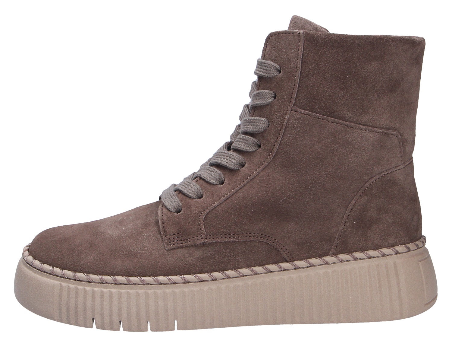 Seitliche Ansicht der Gabor Damen Stiefel in Taupe aus Veloursleder mit Schnürung und profilierter Plateausohle