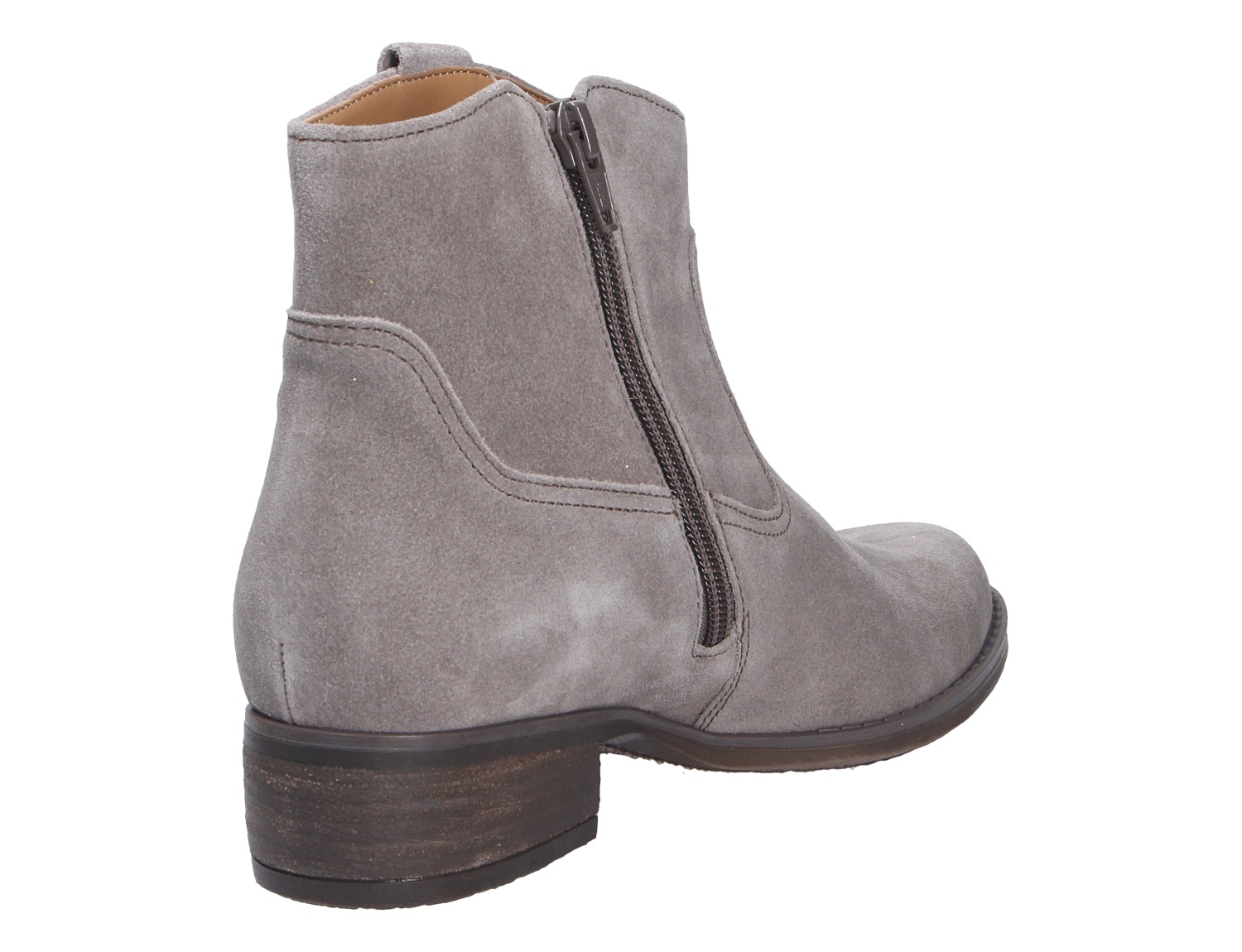 Gabor Damen Stiefel in Grau aus Veloursleder, seitliche Rückansicht mit Reißverschluss und kleinem Blockabsatz