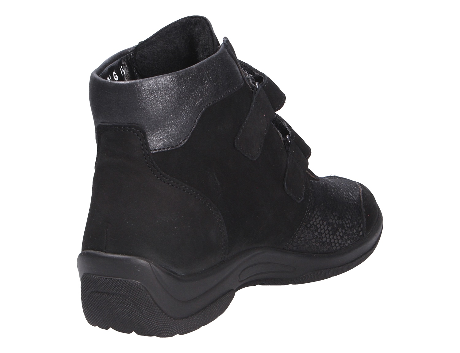 Waldläufer Damen Stiefel in Schwarz aus Leder, seitliche Rückansicht mit Klettverschluss und strukturierter Vorderkappe