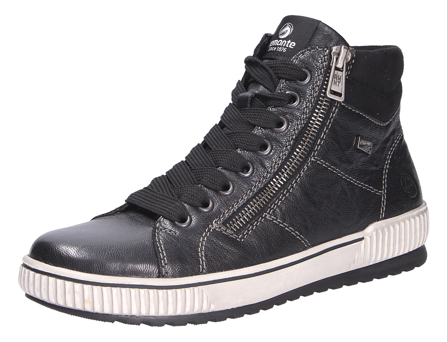 Schwarzer Remonte Damen Stiefel mit Schnürung, seitlichem Reißverschluss und heller Profilsohle in sportlichem Design