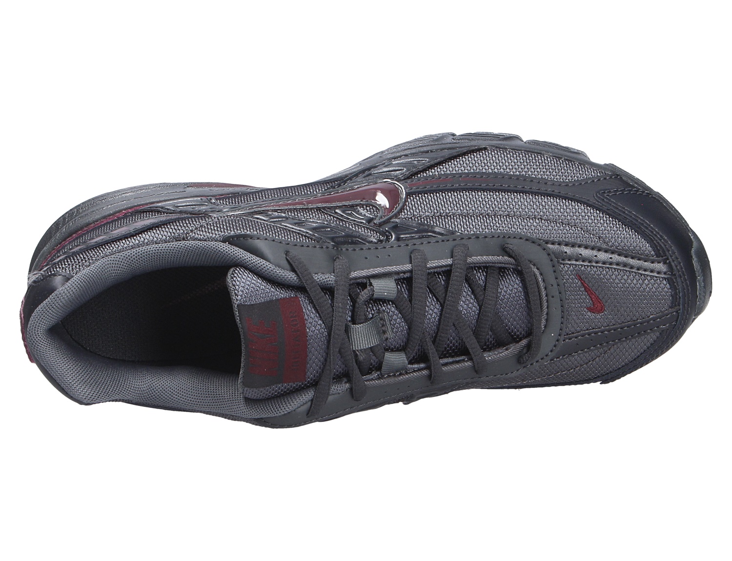 Nike Initiator Sneaker in Dunkelgrau mit schwarzer Schnürung und roten Logo-Details, Ansicht von oben