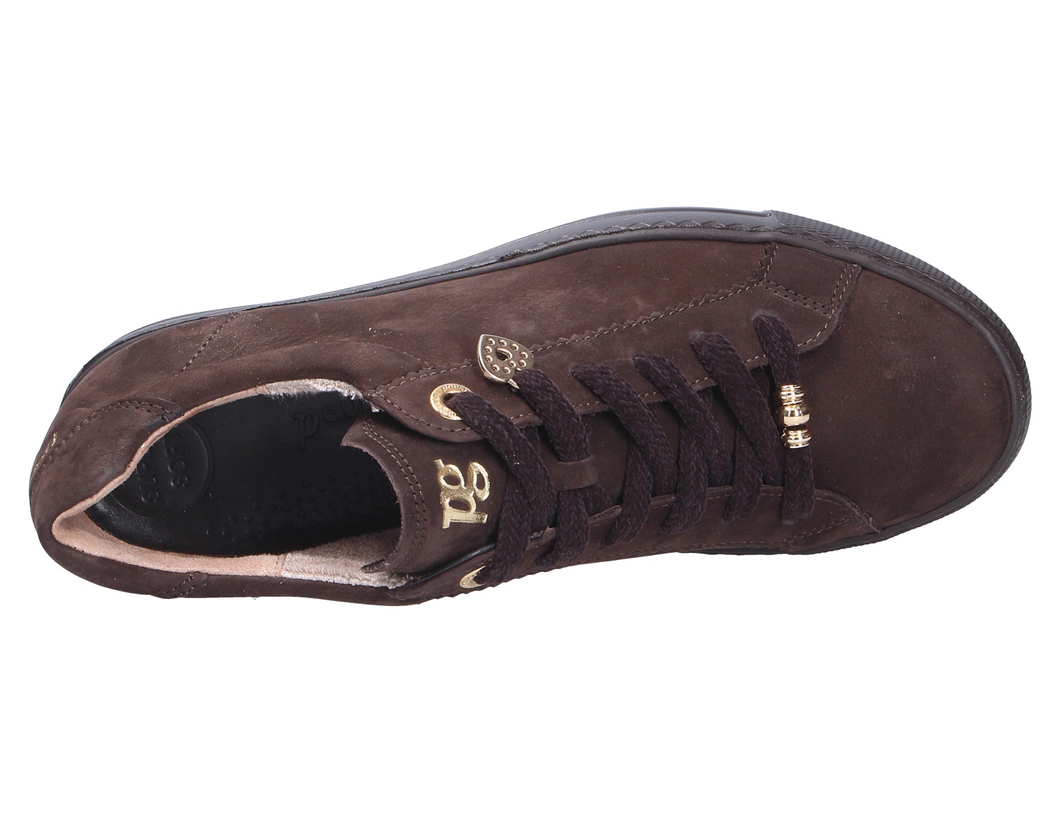Paul Green Damen Sneaker aus dunkelbraunem Nubukleder in Draufsicht, mit Schnürung und goldfarbenen Details