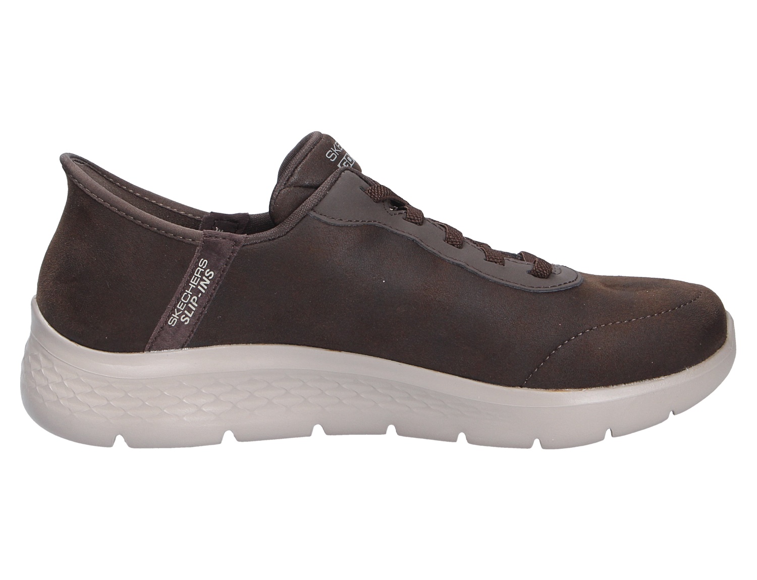 Skechers Go Walk Flex Slip-ins Sneaker in Braun mit heller Flexsohle, seitliche Produktansicht