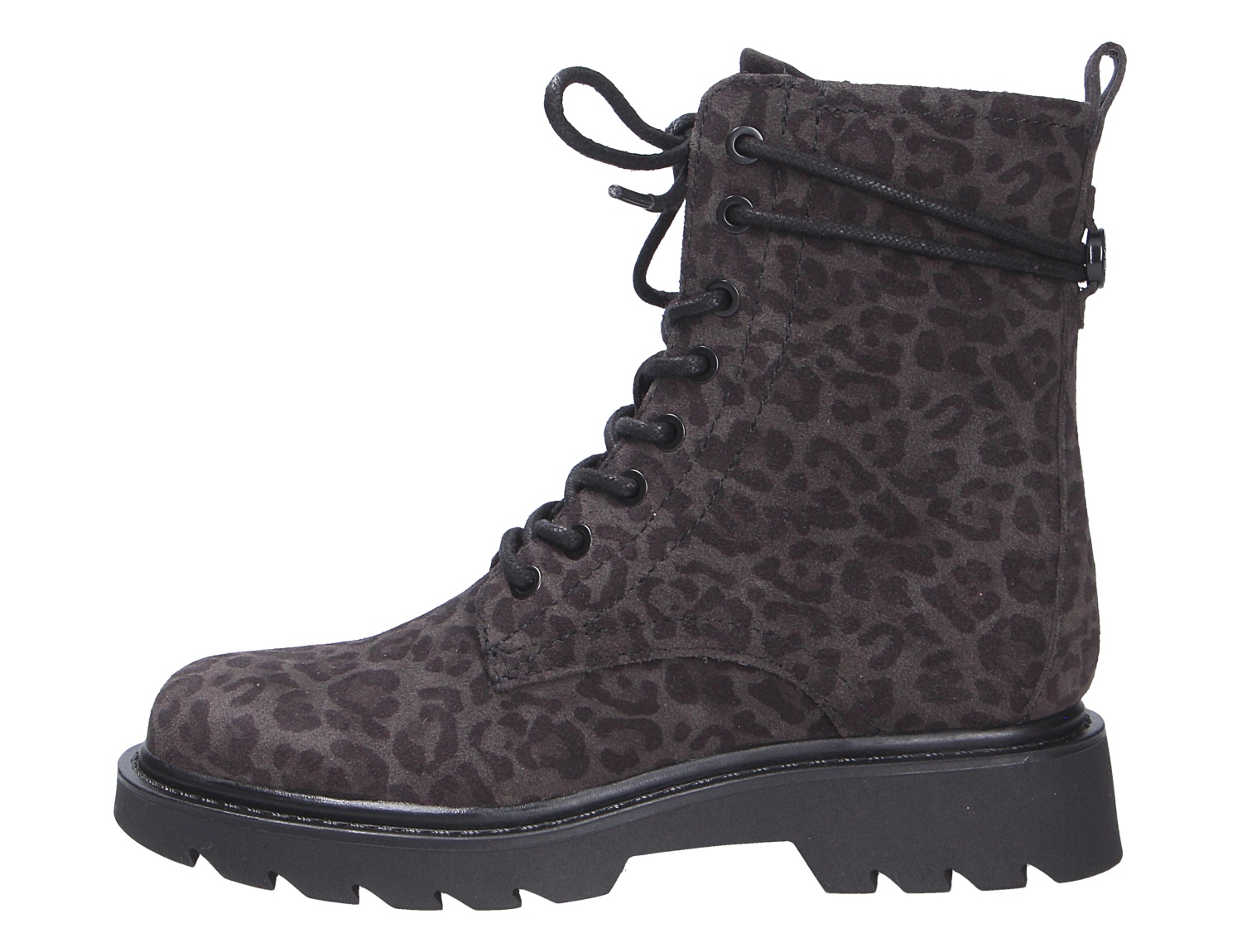 Tamaris Damen Stiefel, schwarzer Schnürboot mit Leopardenmuster und markanter Profilsohle