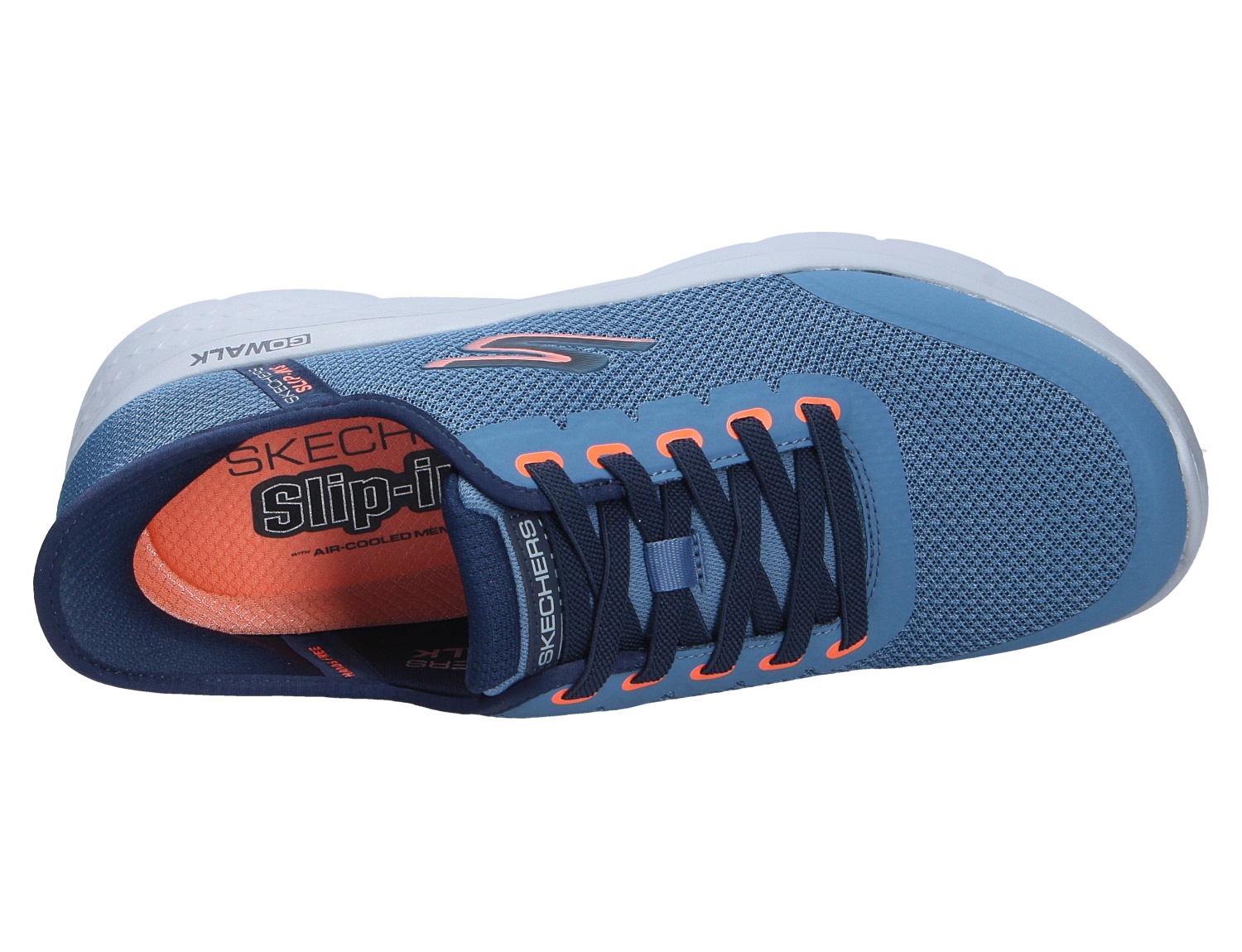 Skechers Herren Sneaker in Blau, sportlicher Freizeitschuh mit atmungsaktivem Mesh, Schnürung und orangefarbenen Akzenten, Draufsicht