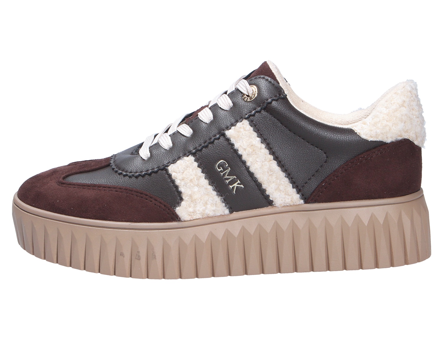 Marco Tozzi Damen Sneaker, brauner Freizeitschuh mit cremefarbenen Teddy-Einsätzen, Schnürung und markanter Plateausohle in Seitenansicht