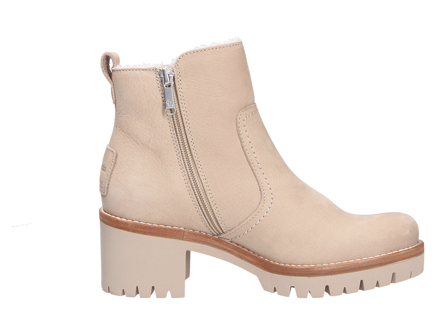 Panama Jack Pauline beige Stiefelette aus Leder mit warmem Futter, Blockabsatz, Profilsohle und seitlichem Reißverschluss