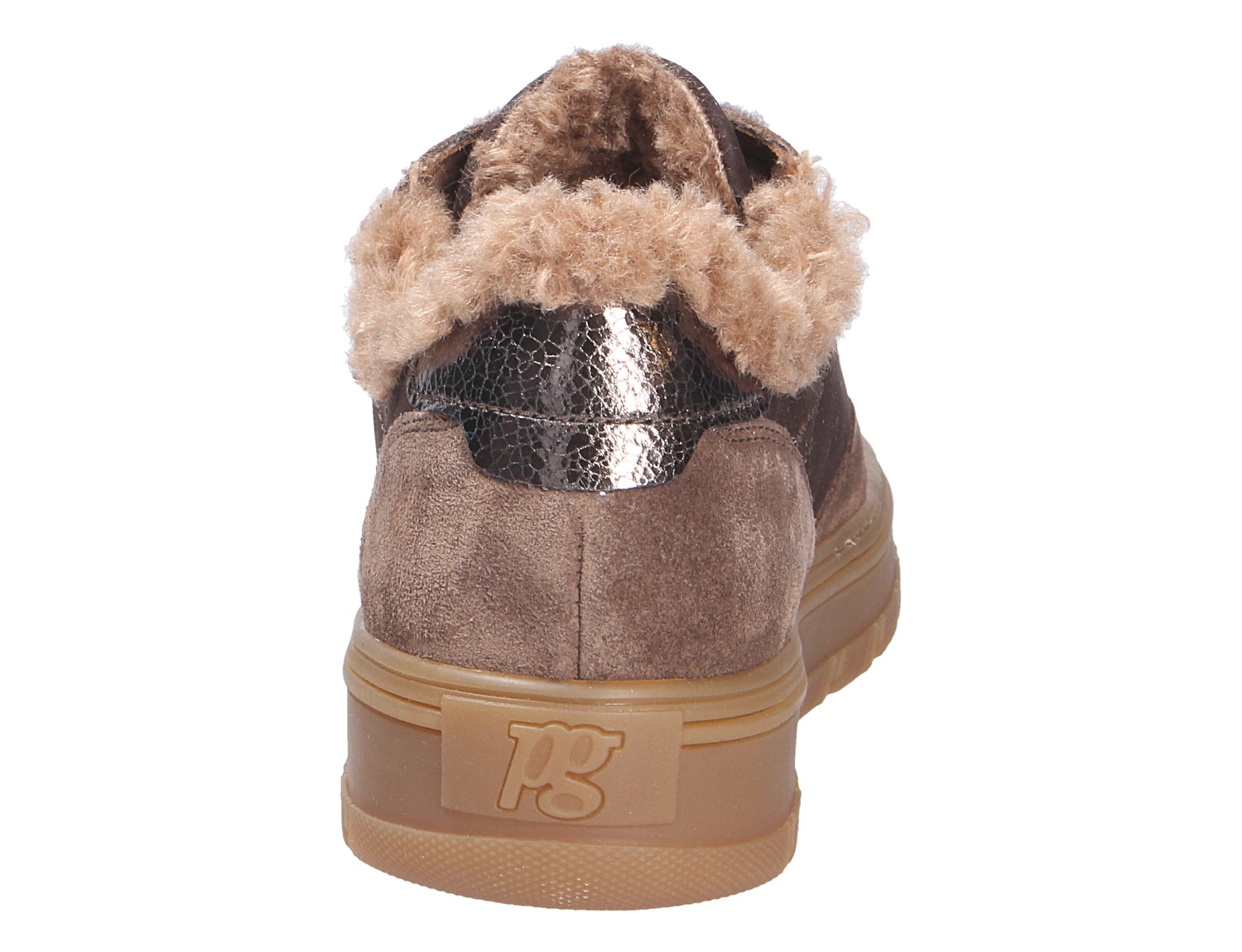 Rückansicht des Paul Green Damen Sneakers aus braunem Veloursleder mit kuscheligem Fellbesatz, glänzendem Fersendetail und heller Gummisohle