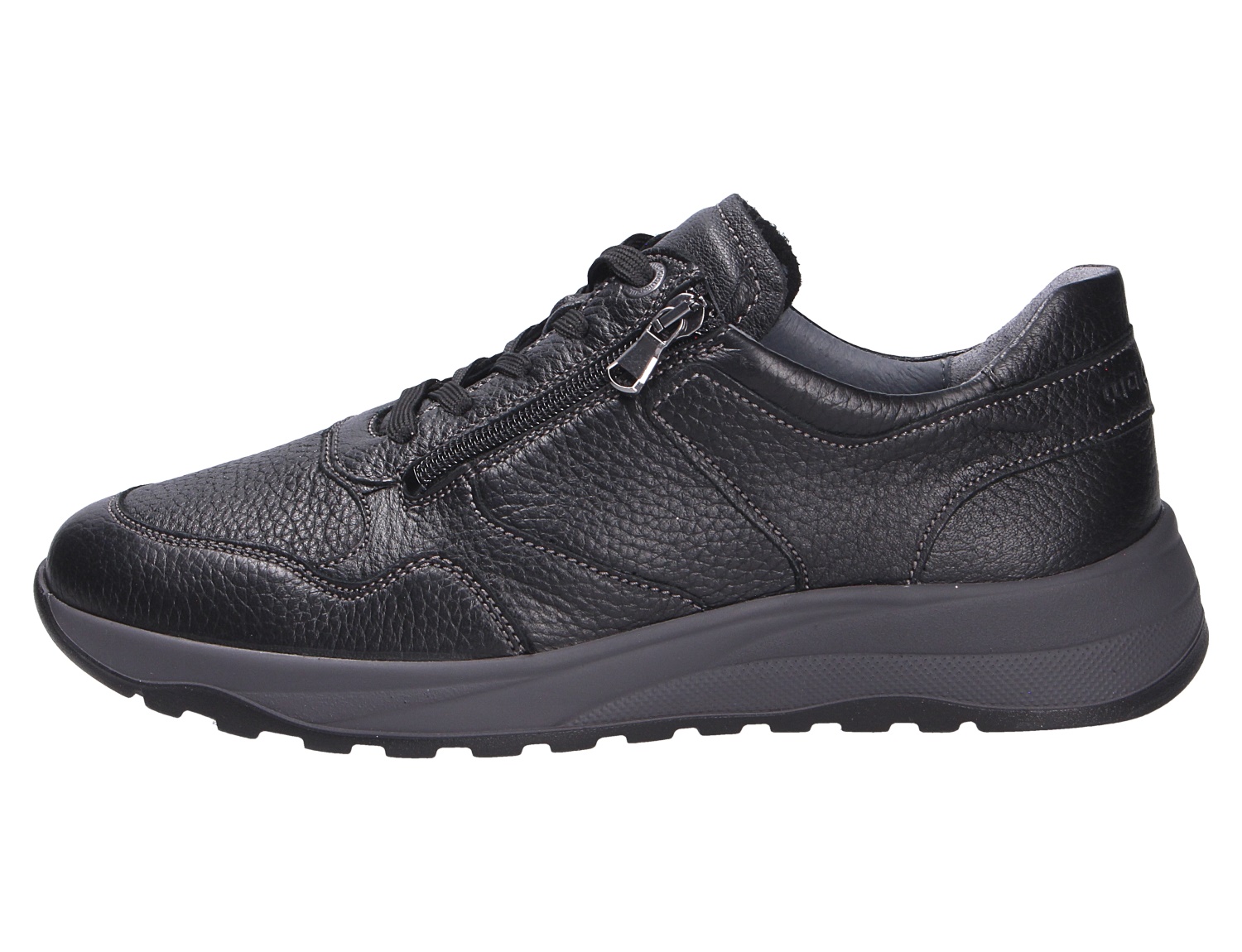 Waldläufer K-John schwarzer Herren-Sneaker aus Leder, Seitenansicht mit Reißverschluss, Schnürung und komfortabler Laufsohle