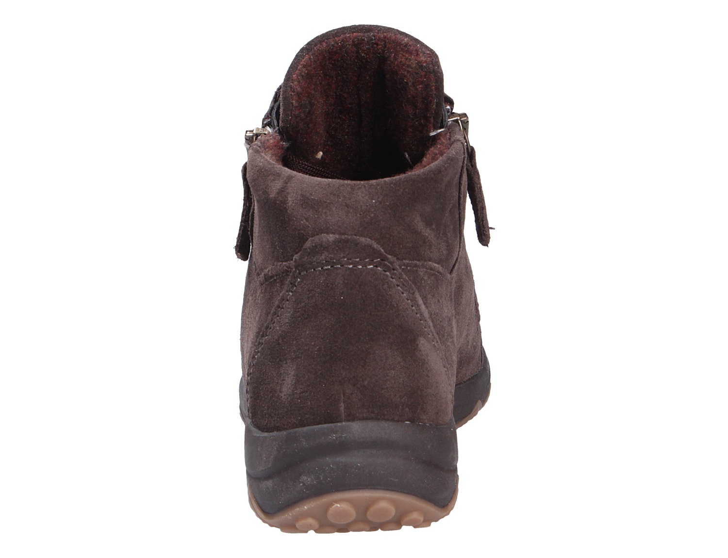 Rückansicht der dunkelbraunen Waldläufer H-Teresa Damen-Stiefelette aus Veloursleder mit warmem Innenfutter und seitlichen Reißverschlüssen