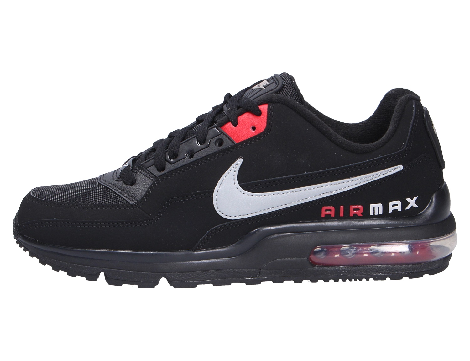 Seitenansicht des Nike Air Max LTD 3 Sneakers in Schwarz mit silbernem Swoosh, roten Details und sichtbarer Air-Max-Dämpfung