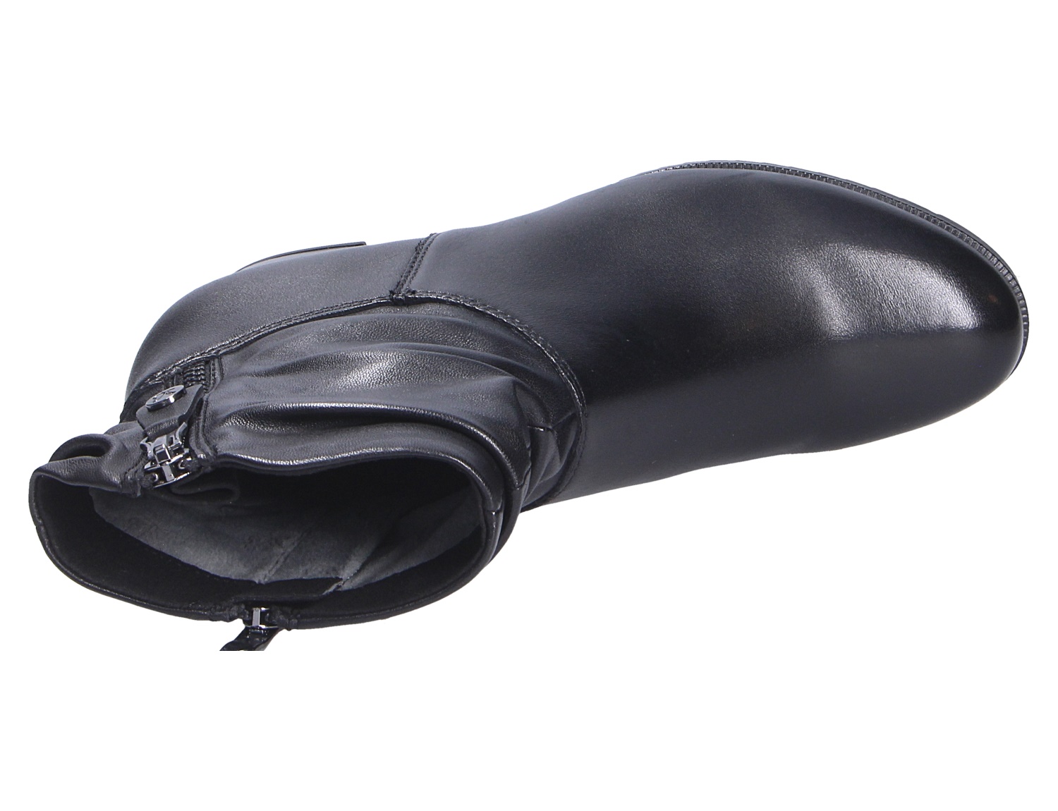 Caprice Damen Stiefel in Schwarz aus Glattleder mit seitlichem Reißverschluss, Draufsicht auf den eleganten Kurzstiefel
