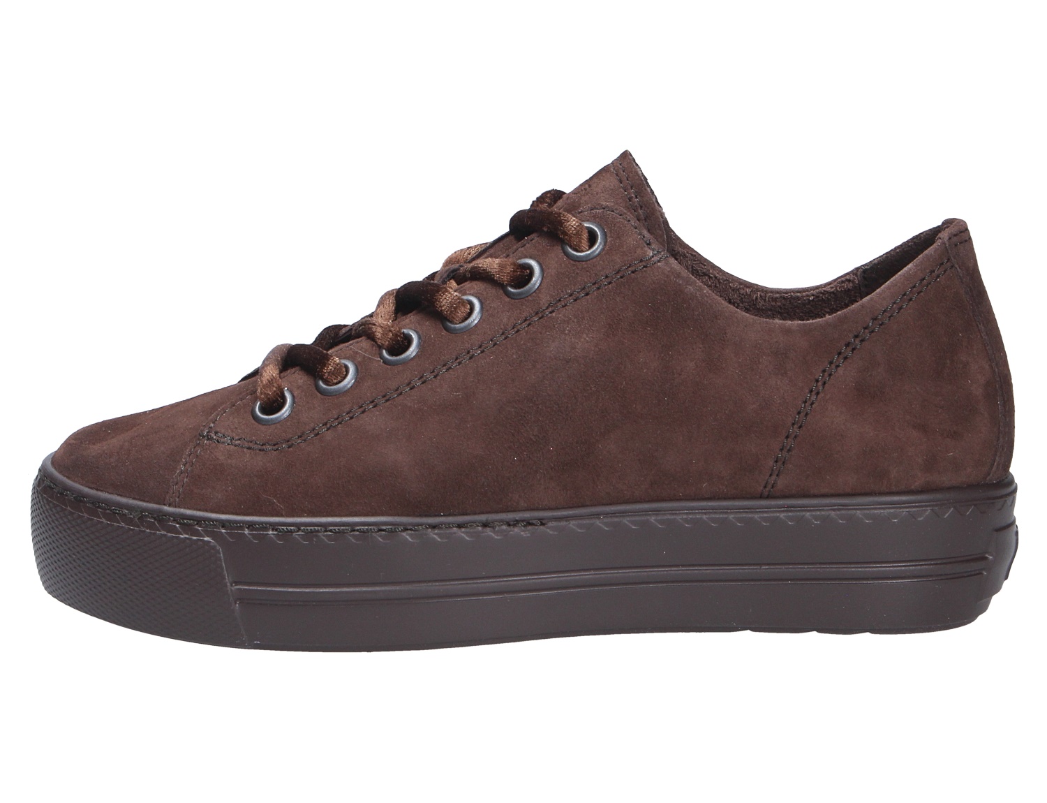 Paul Green Damen Sneaker in Braun aus Veloursleder, Seitenansicht mit Schnürung und dunkler Plateausohle