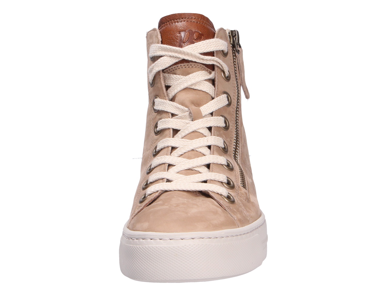 Frontansicht des Paul Green Damen Sneakers aus beigem Nubukleder mit Schnürung, seitlichem Reißverschluss und heller Sohle