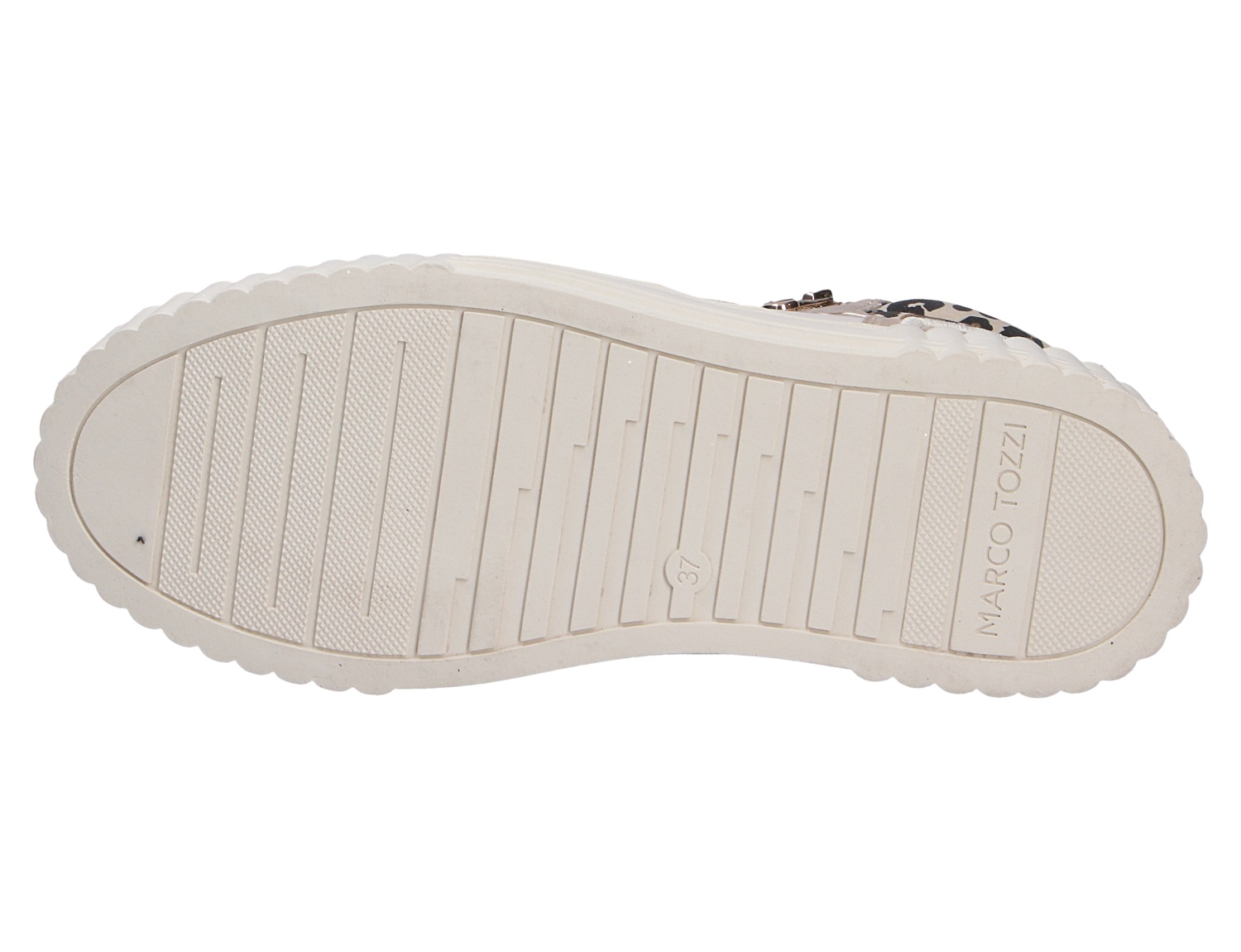 Unteransicht des Marco Tozzi Damen Sneakers mit weißer profilierter Laufsohle und Markenprägung an der Sohle