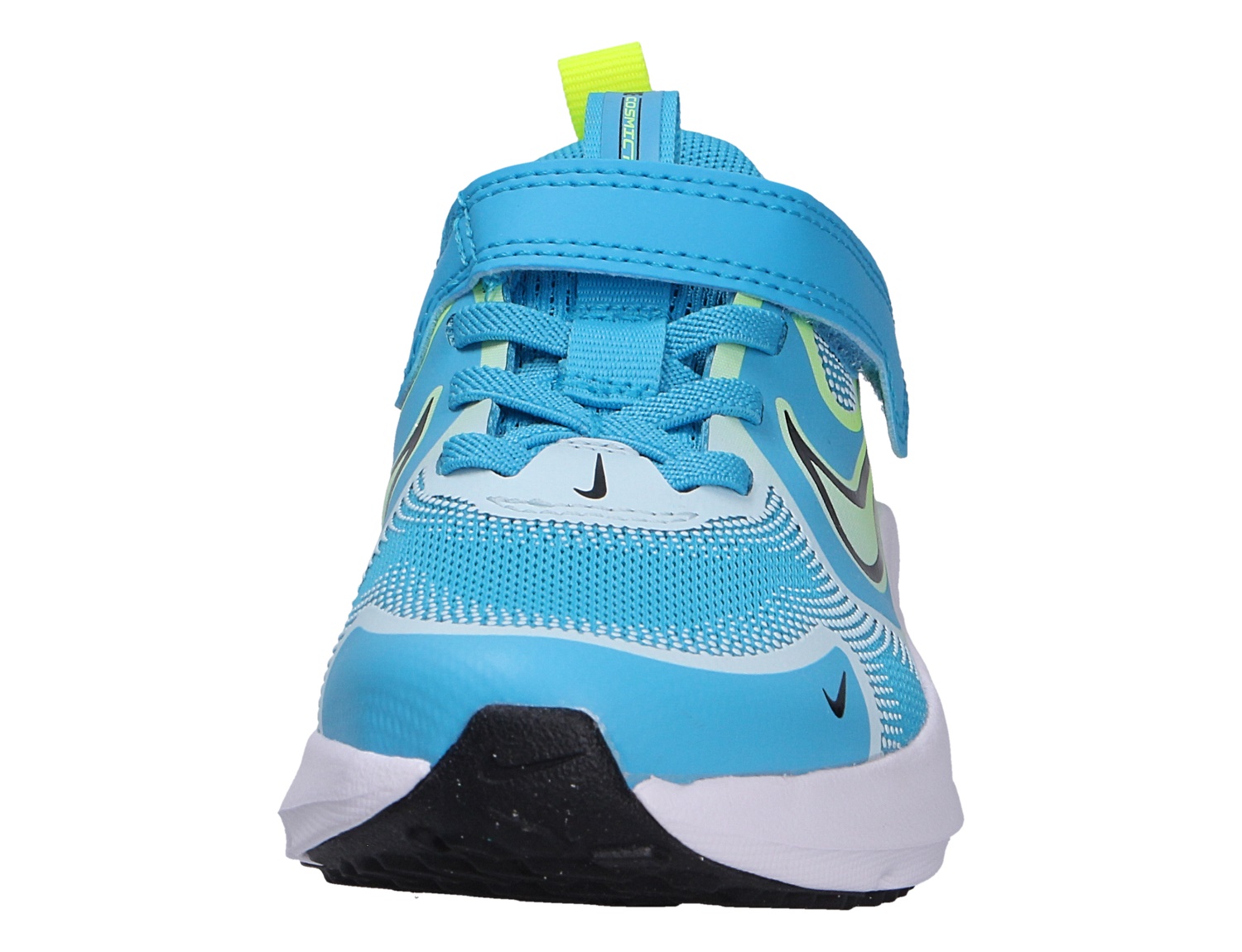 Frontansicht des Nike Cosmic Runner Kinder-Laufschuhs in Blau mit Mesh-Obermaterial, Schnürung und Klettverschluss