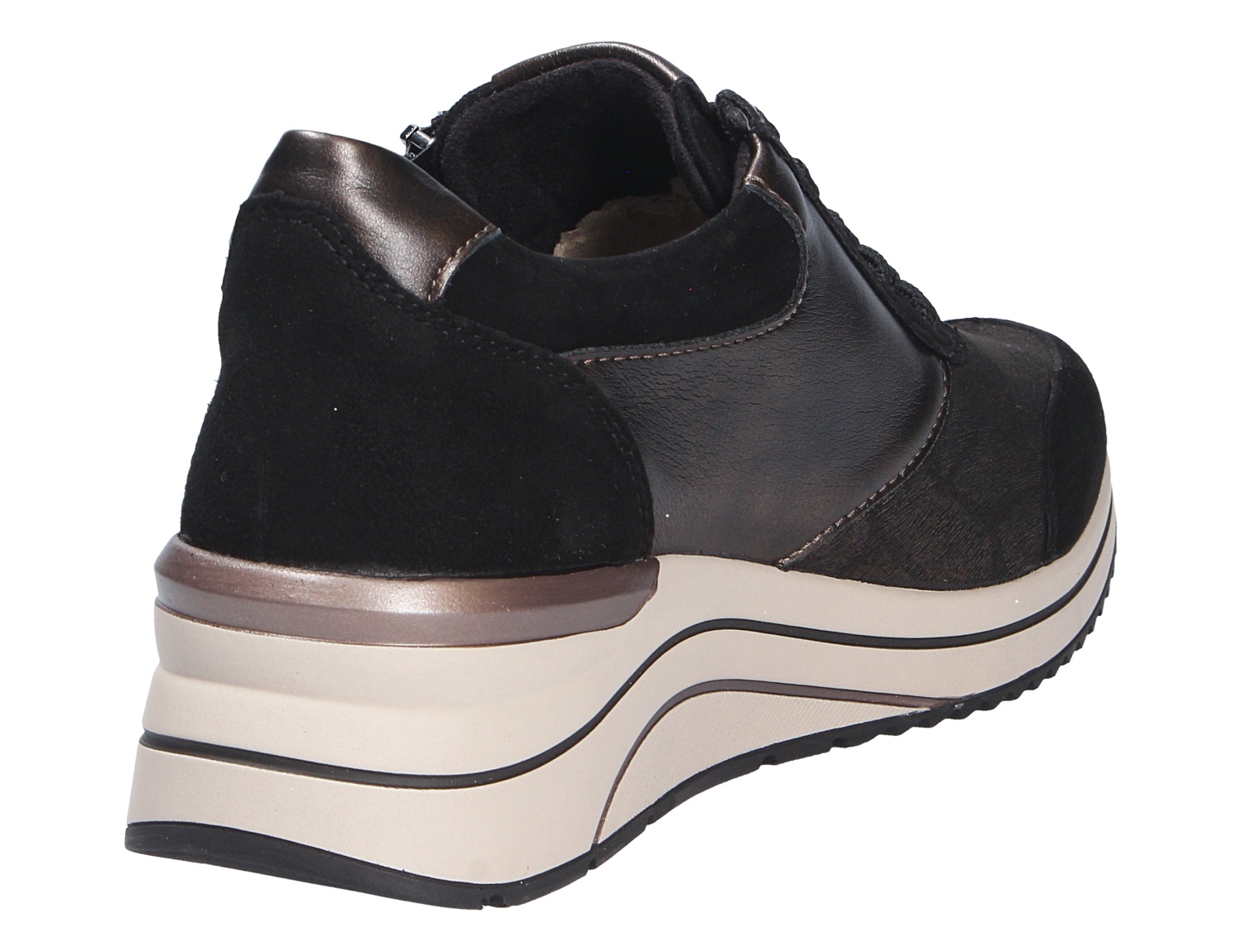 Rückansicht der schwarzen Remonte Damen Schnürschuhe mit Materialmix und heller Keilsohle