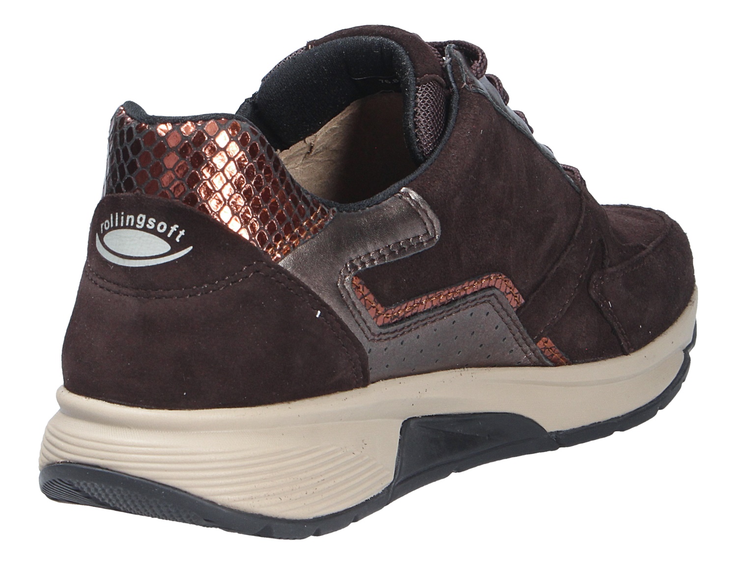 Gabor Rolling Soft Damen-Sneaker in Dunkelbraun mit schimmernden Metallic-Details und heller Komfortsohle, gezeigt aus Rück- und Seitenansicht