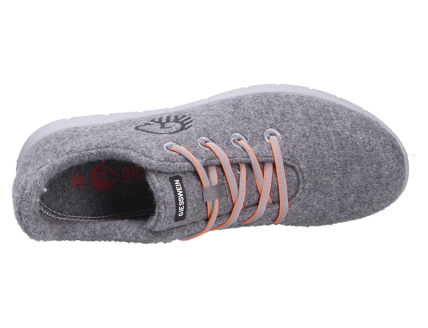 Draufsicht auf den grauen Giesswein MERINO RUNNERS MEN Herren-Sneaker aus Merinowolle mit orangefarbenen Schnürsenkeln